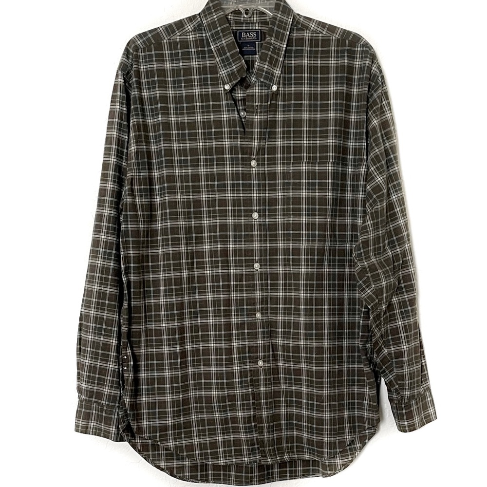 BASS Long Sleeve Dark Green Plaid Button Down Shirt, Size Medium